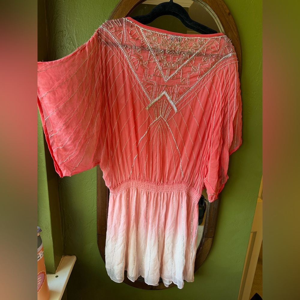 Parker Beach Silk Ombre Beaded Tunic Mini Dress M/L